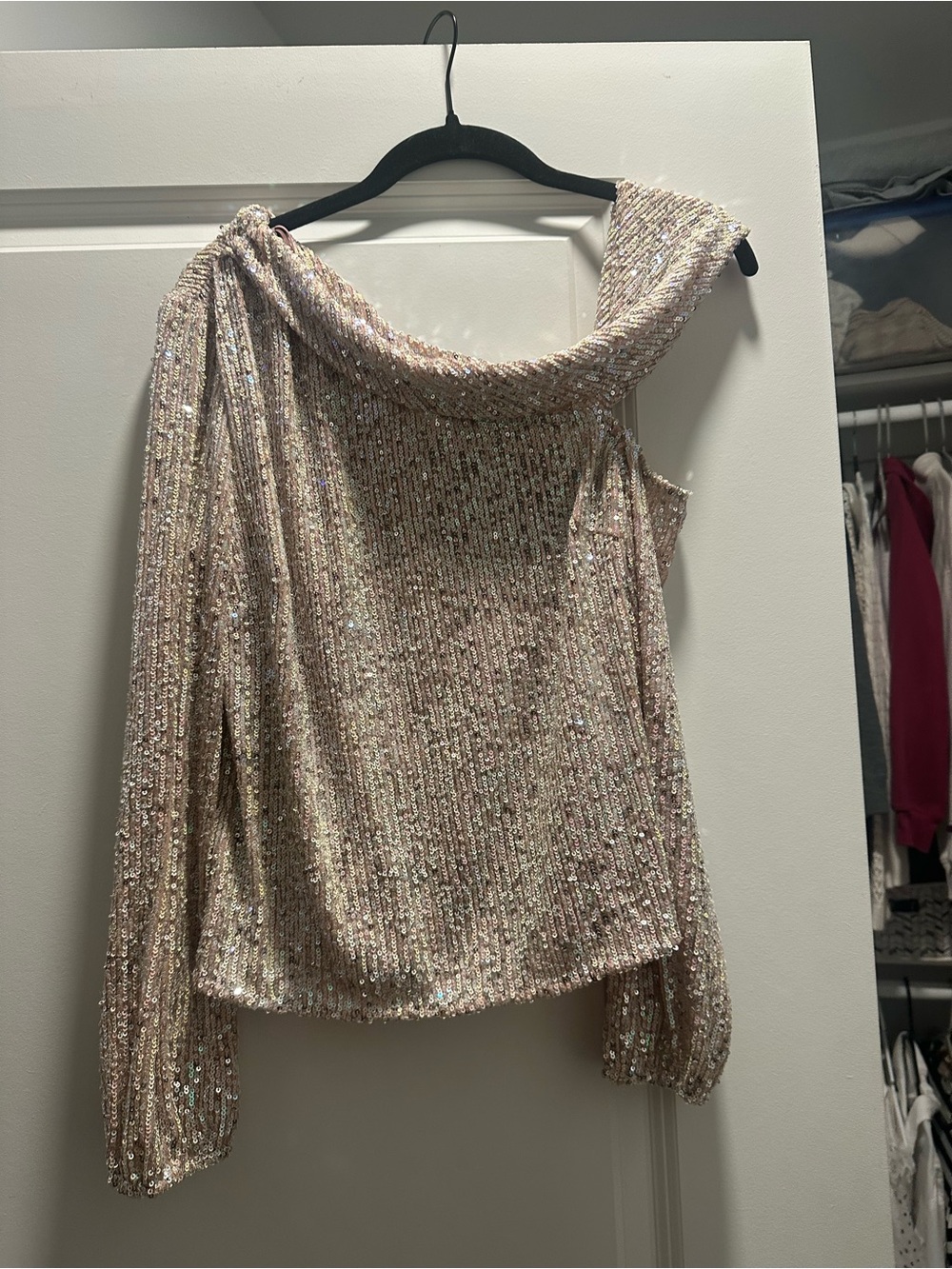 Heartloom Sequin One-Shoulder Sweater in Pale Pink